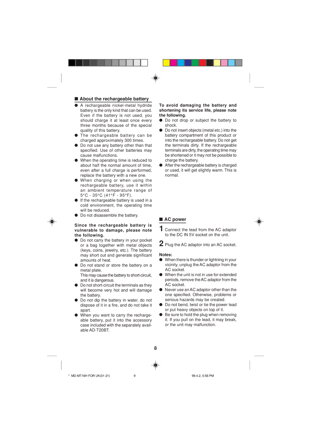 Sharp MD-MT16H operation manual About the rechargeable battery, AC power, Do not drop or subject the battery to shock 