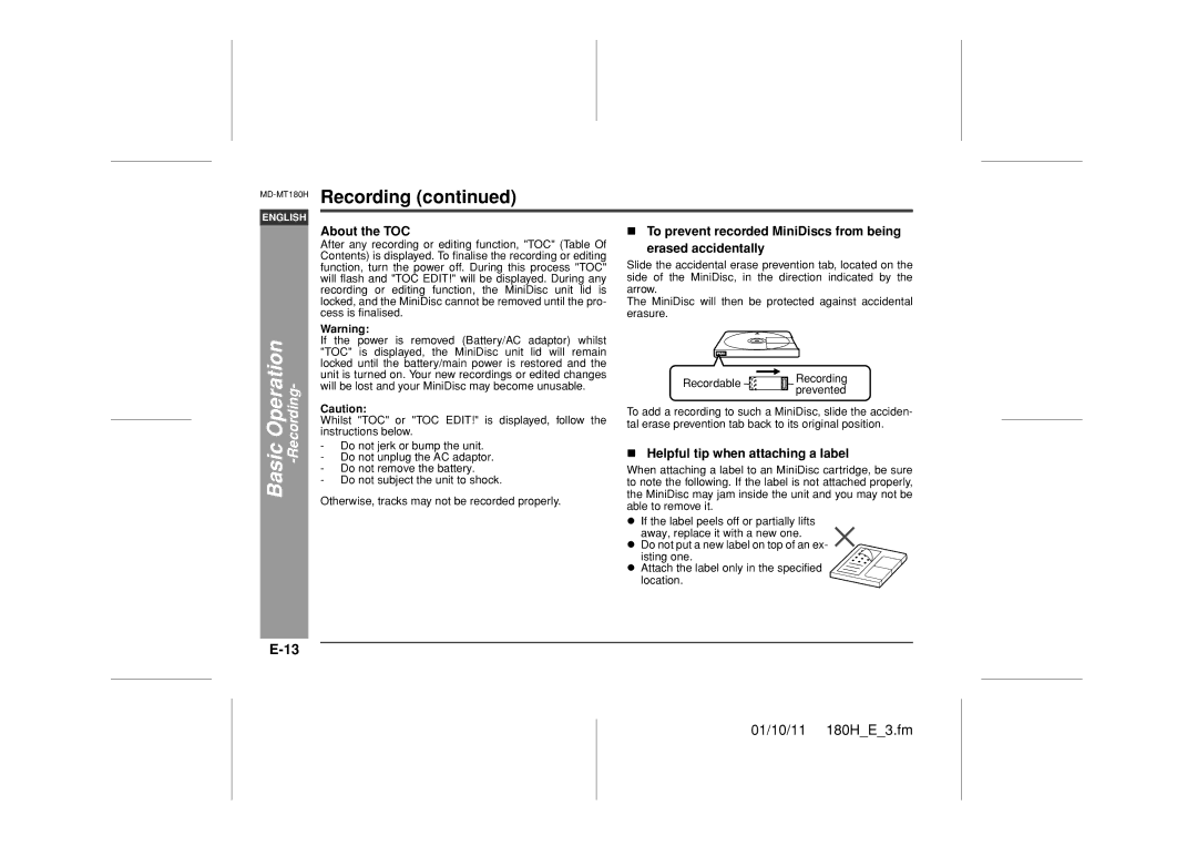 Sharp MD-MT180H operation manual About the TOC, Helpful tip when attaching a label 