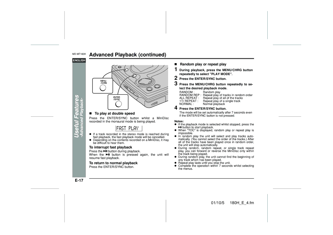 Sharp MD-MT180H operation manual To play at double speed, To interrupt fast playback, To return to normal playback 