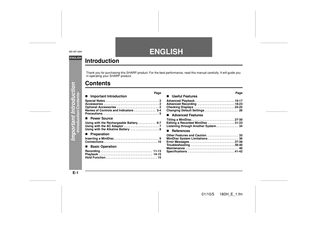 Sharp MD-MT180H operation manual Introduction, Contents 