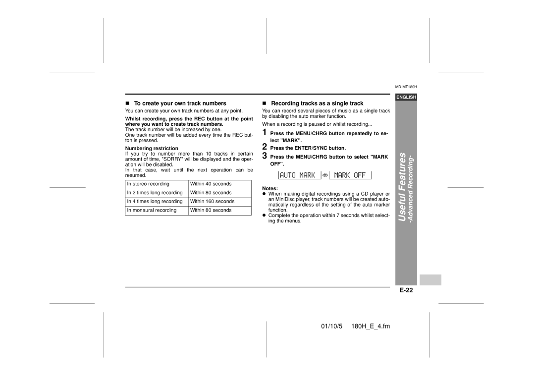 Sharp MD-MT180H To create your own track numbers, Recording tracks as a single track, Numbering restriction 