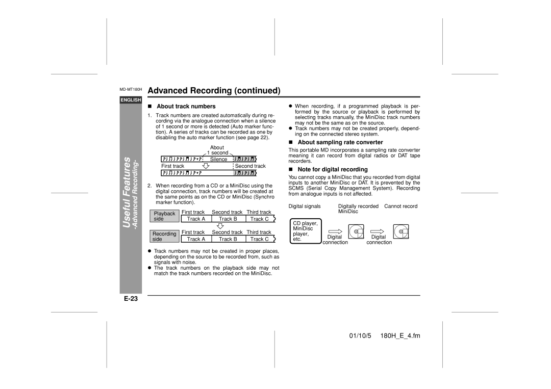 Sharp MD-MT180H operation manual About track numbers, About sampling rate converter 