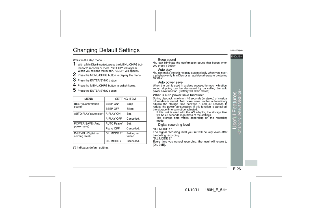 Sharp MD-MT180H operation manual Changing Default Settings 