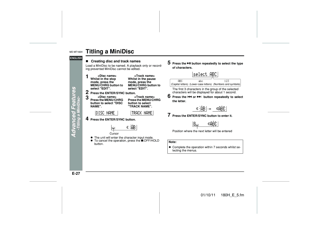 Sharp MD-MT180H operation manual Titling a MiniDisc, Creating disc and track names, Button to select Disc 