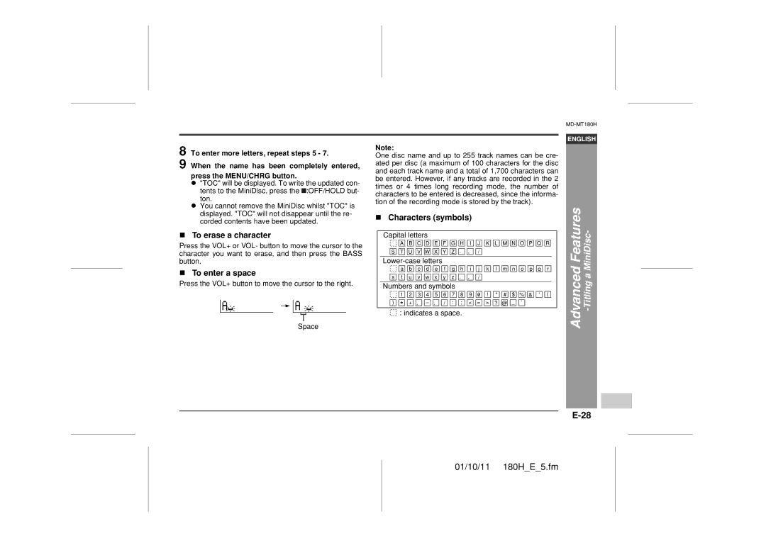 Sharp MD-MT180H To erase a character, To enter a space, Characters symbols, To enter more letters, repeat steps 5 