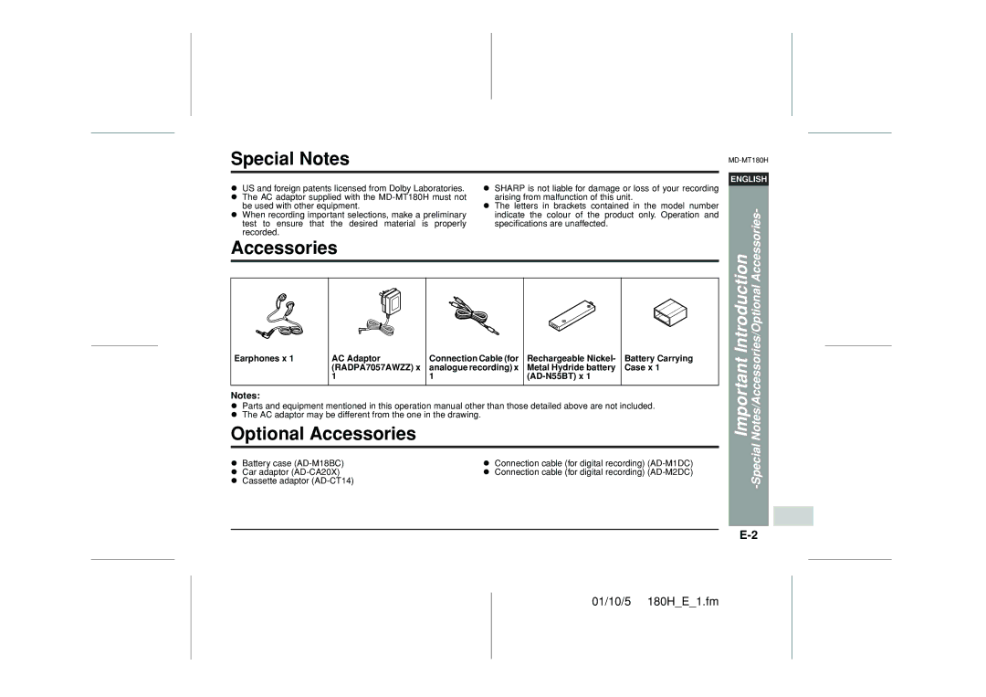 Sharp MD-MT180H operation manual Special Notes, Optional Accessories 