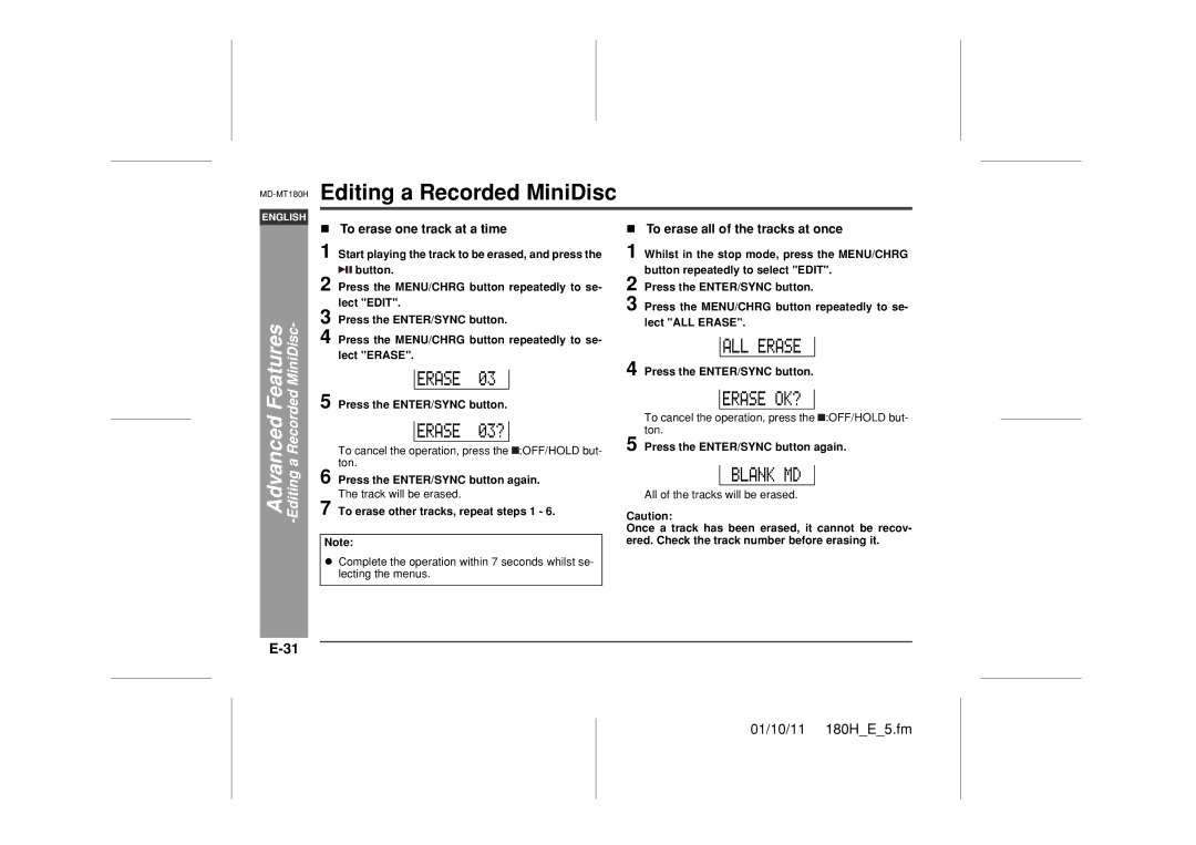 Sharp MD-MT180H Editing a Recorded MiniDisc, To erase one track at a time, To erase all of the tracks at once 