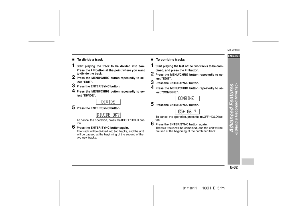 Sharp MD-MT180H operation manual To divide a track 