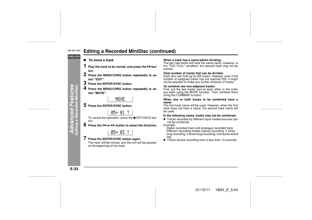 Sharp MD-MT180H operation manual To move a track 