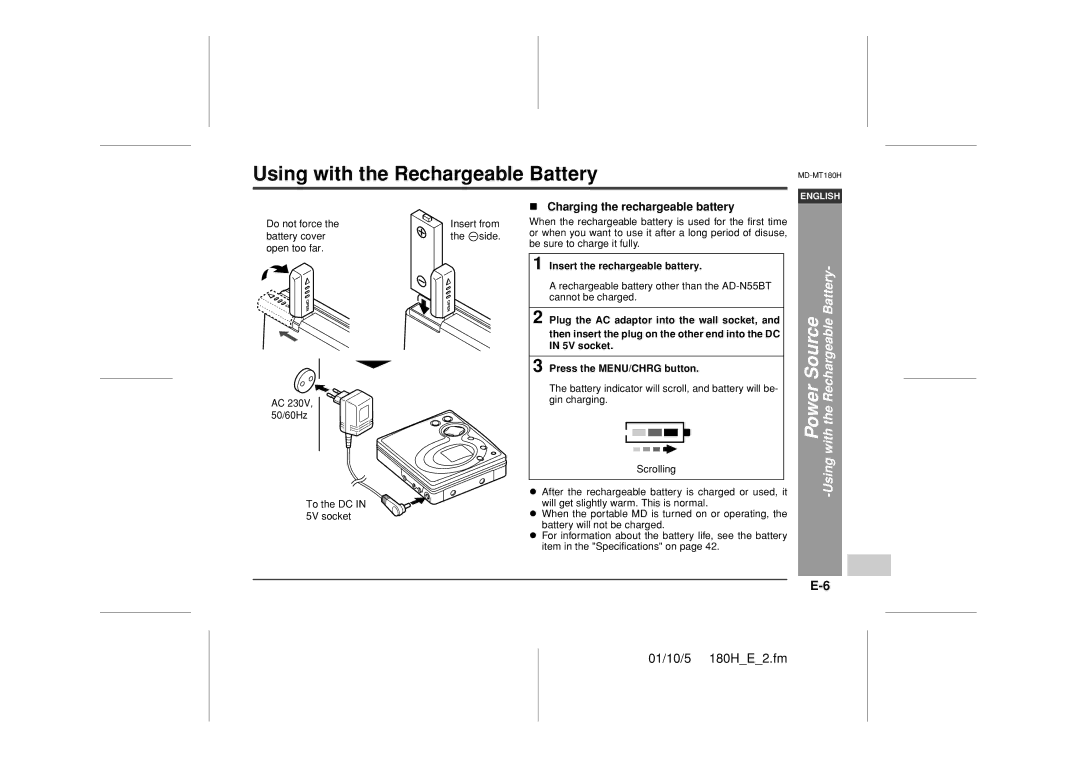 Sharp MD-MT180H operation manual Power Source -Using with the Rechargeable Battery, Charging the rechargeable battery 