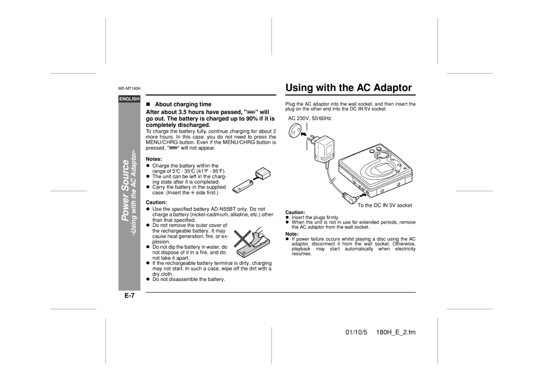 Sharp MD-MT180H operation manual Power Source -Using with the AC Adaptor 