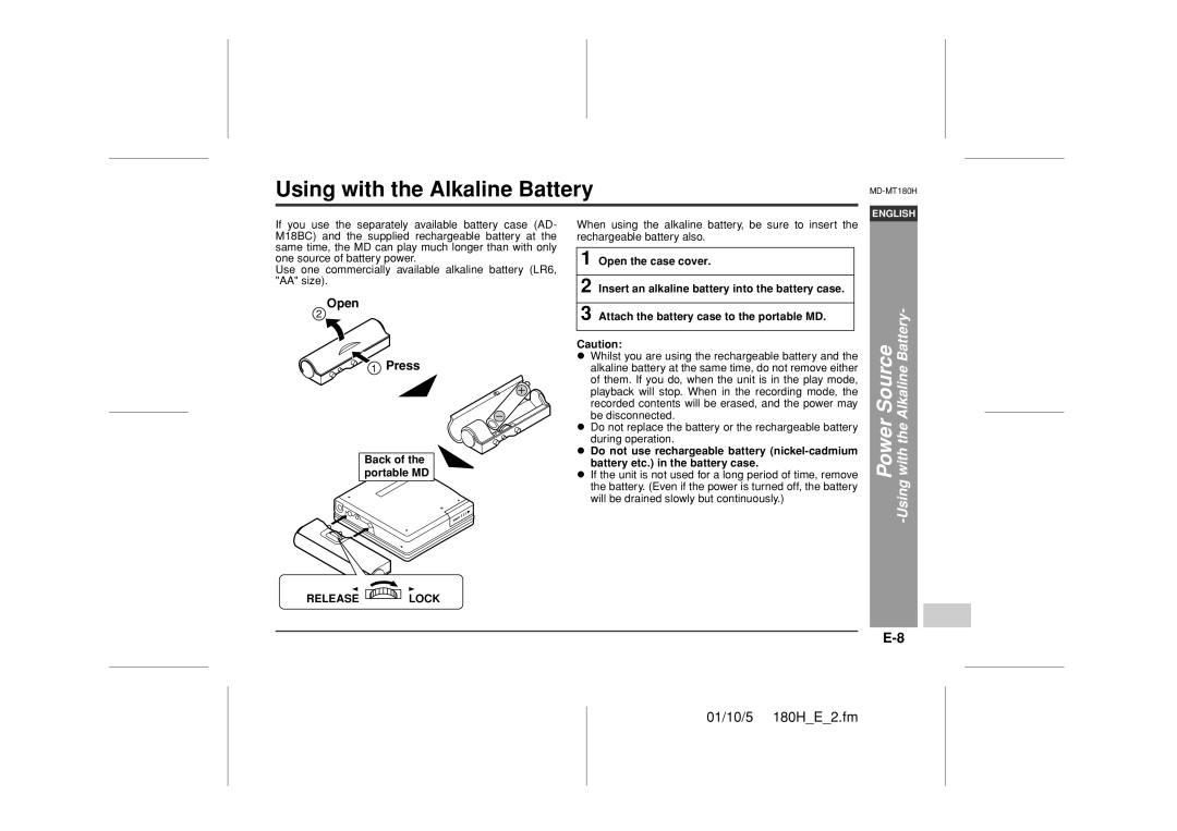 Sharp MD-MT180H operation manual Using with the Alkaline Battery, With, Open Press 