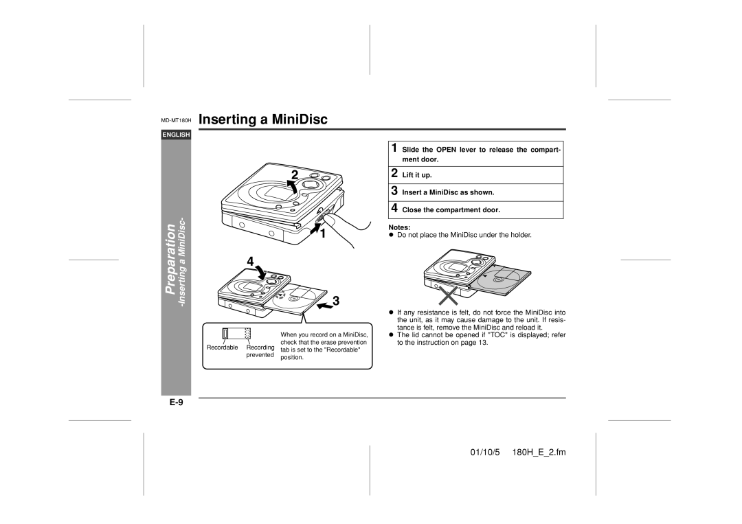 Sharp MD-MT180H operation manual Inserting a MiniDisc, Preparation, 01/10/5 180H E 2.fm 