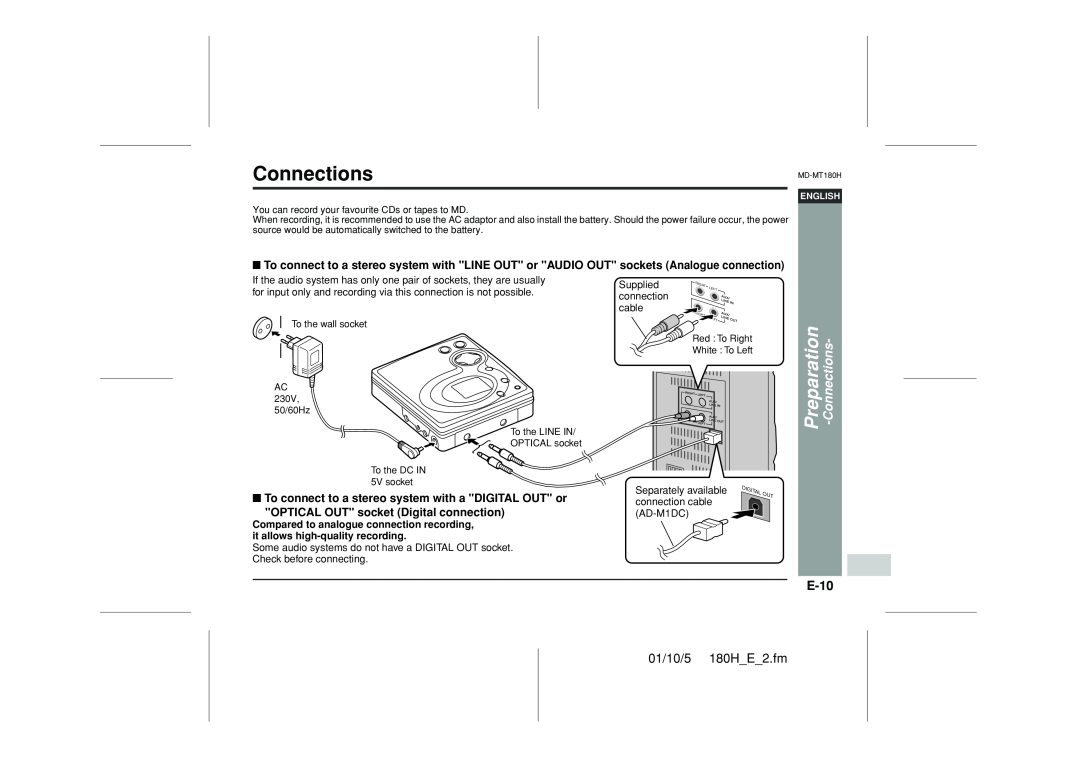 Sharp MD-MT180H operation manual Connections, E-10, OPTICAL OUT socket Digital connection, Preparation, 01/10/5 180H E 2.fm 