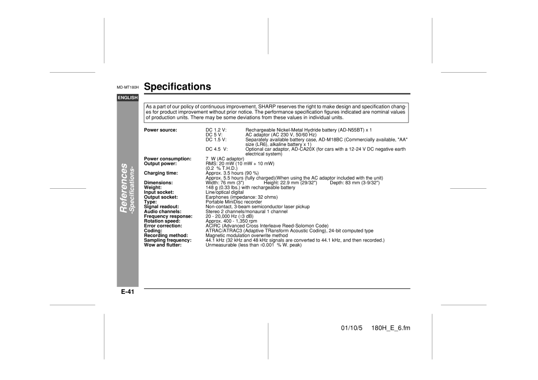 Sharp MD-MT180H operation manual Specifications, E-41, References, 01/10/5 180H E 6.fm 