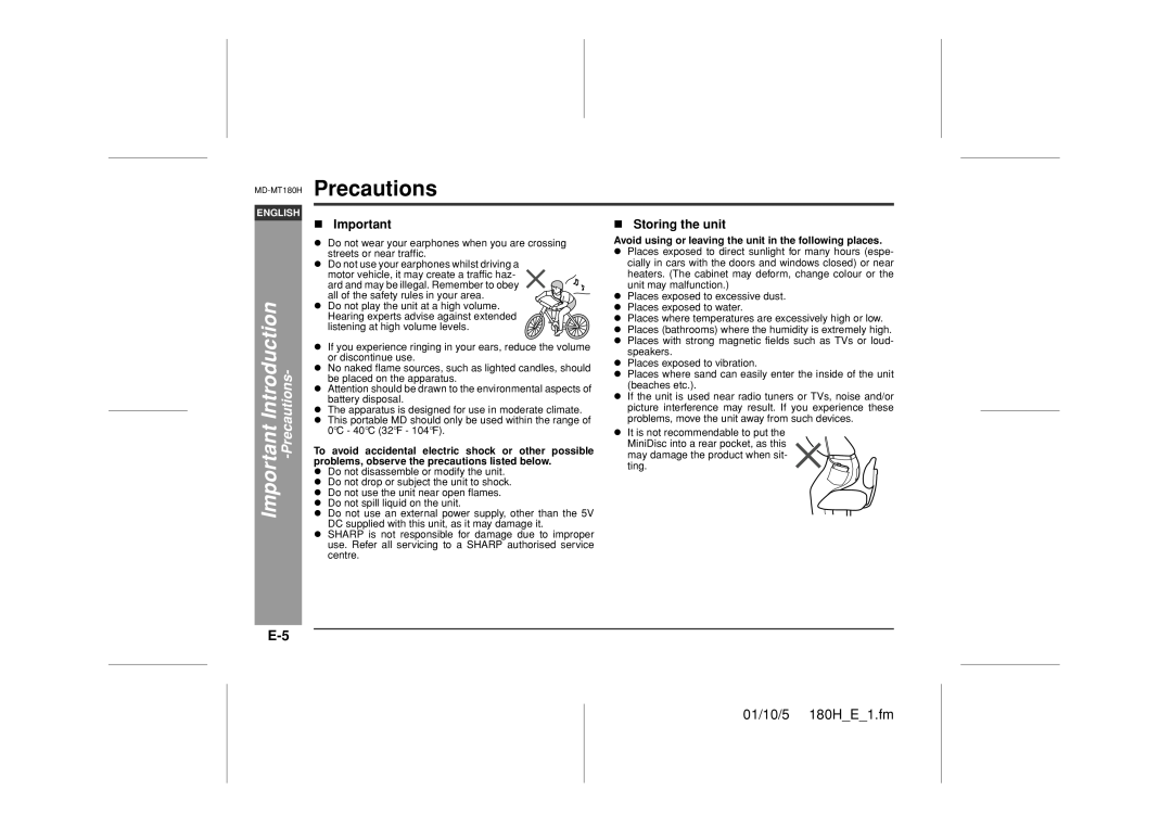 Sharp MD-MT180H operation manual Precautions, Storing the unit, Important Introduction, 01/10/5 180H E 1.fm 