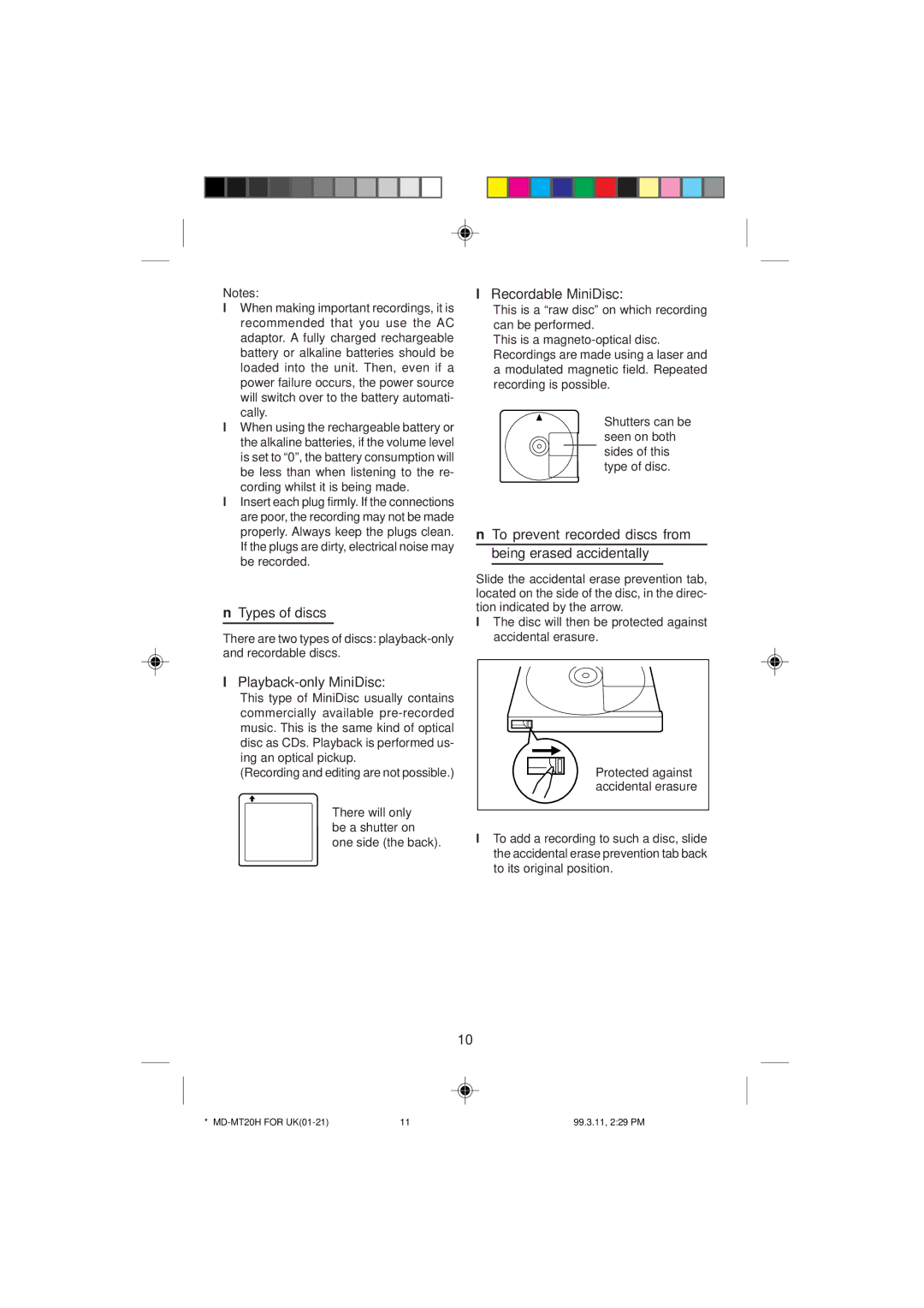 Sharp MD-MT20H Types of discs, Recordable MiniDisc, To prevent recorded discs from being erased accidentally 