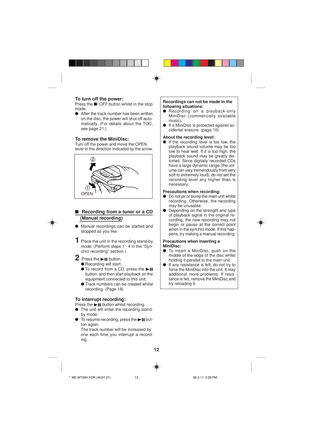 Sharp MD-MT20H To turn off the power, To remove the MiniDisc, Recording from a tuner or a CD Manual recording 