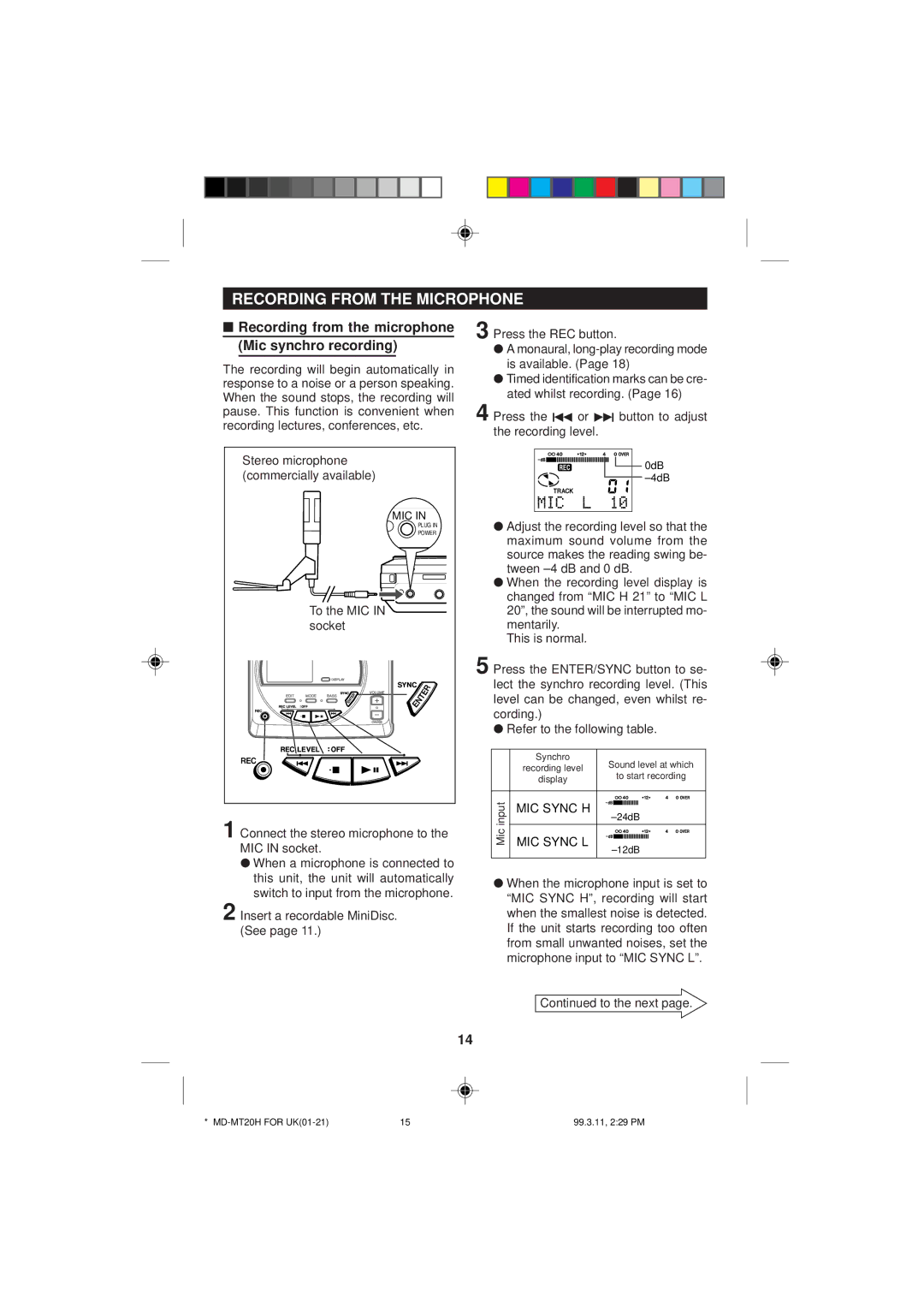 Sharp MD-MT20H operation manual Recording from the Microphone, Recording from the microphone Mic synchro recording 