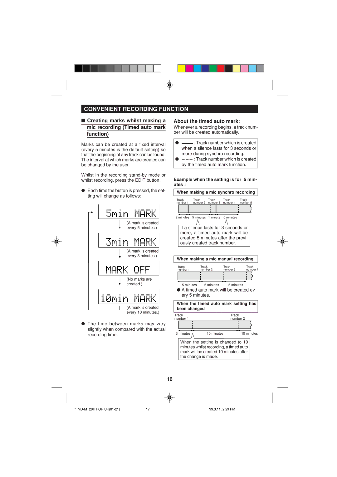 Sharp MD-MT20H Convenient Recording Function, About the timed auto mark, Example when the setting is for 5 min- utes 