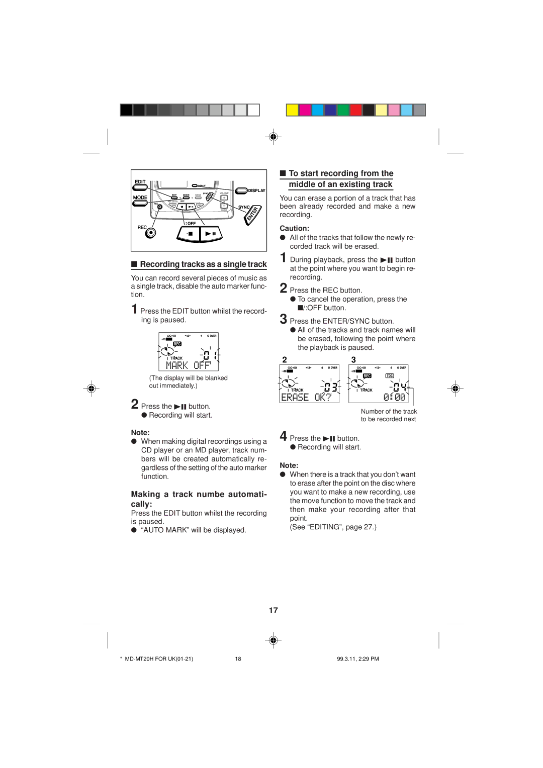 Sharp MD-MT20H operation manual Recording tracks as a single track, To start recording from the middle of an existing track 