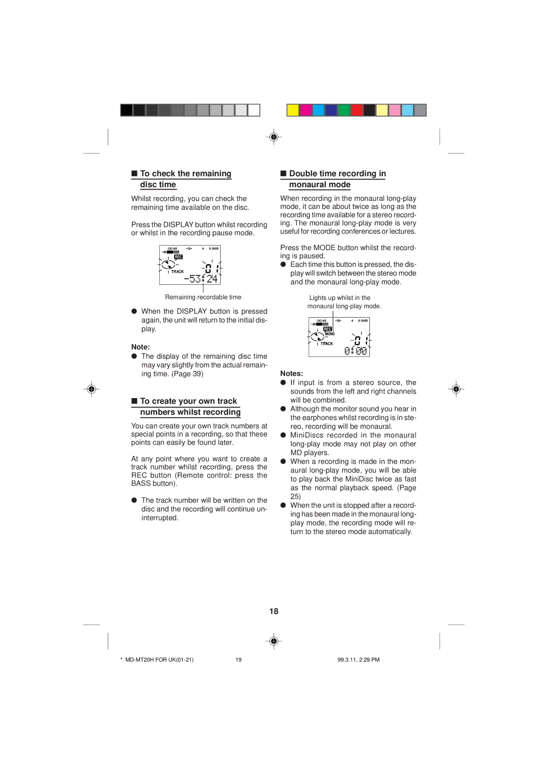 Sharp MD-MT20H operation manual To check the remaining disc time, To create your own track numbers whilst recording 