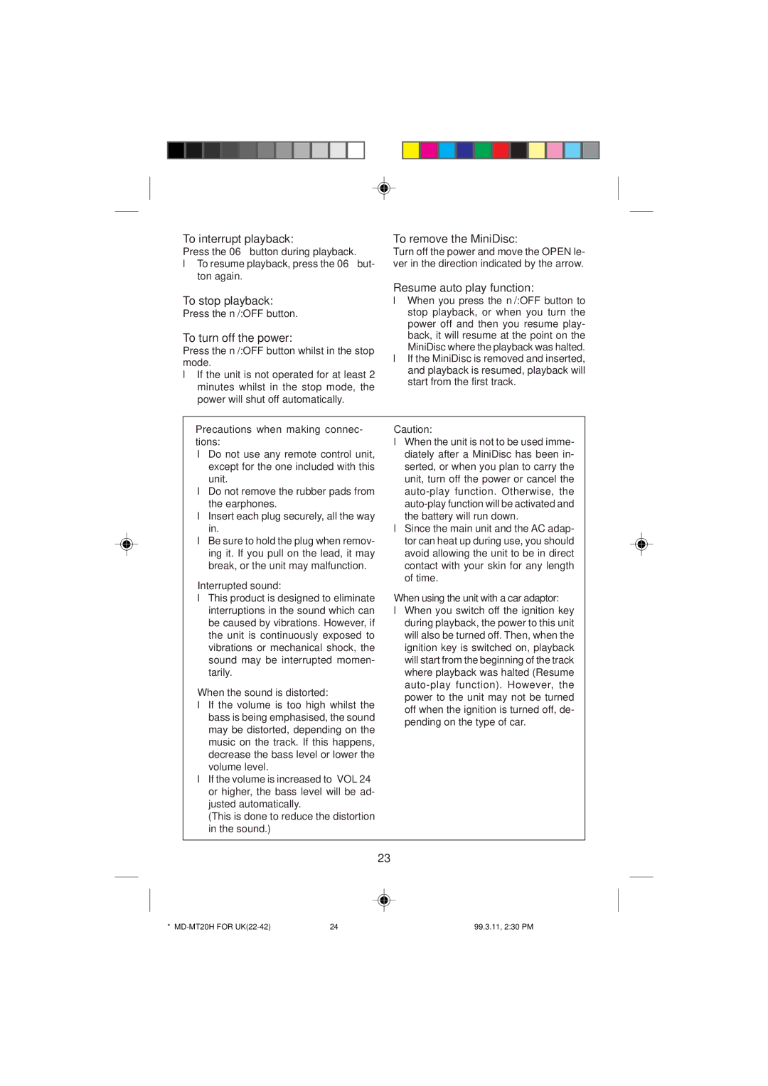 Sharp MD-MT20H operation manual To interrupt playback, To stop playback, Resume auto play function 