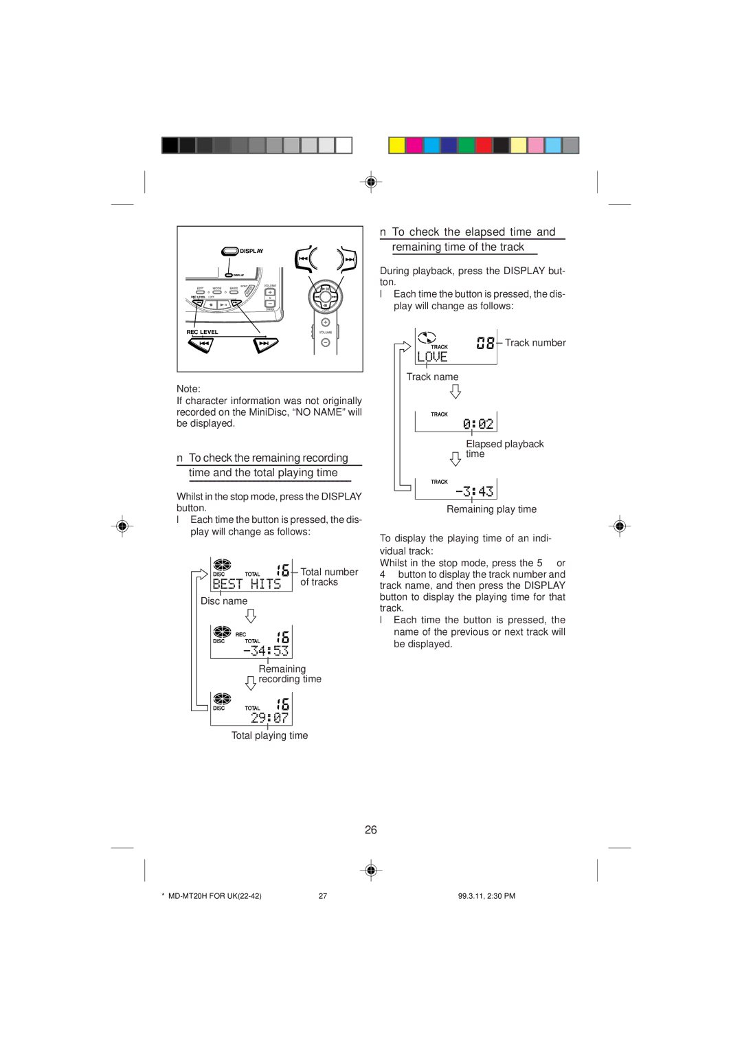 Sharp MD-MT20H operation manual To check the elapsed time and remaining time of the track, Total playing time 