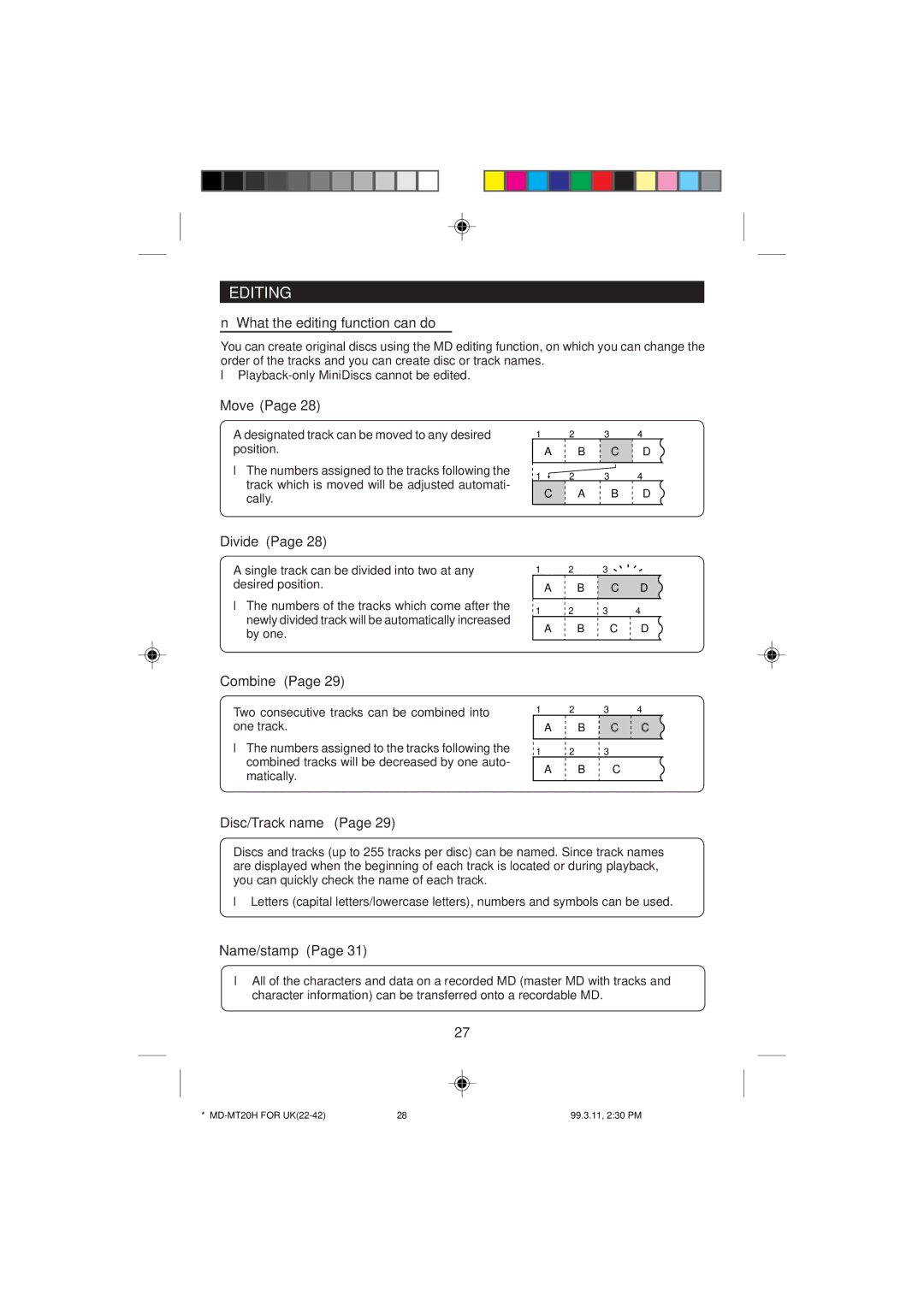 Sharp MD-MT20H operation manual Editing, What the editing function can do, Disc/Track name, Name/stamp 