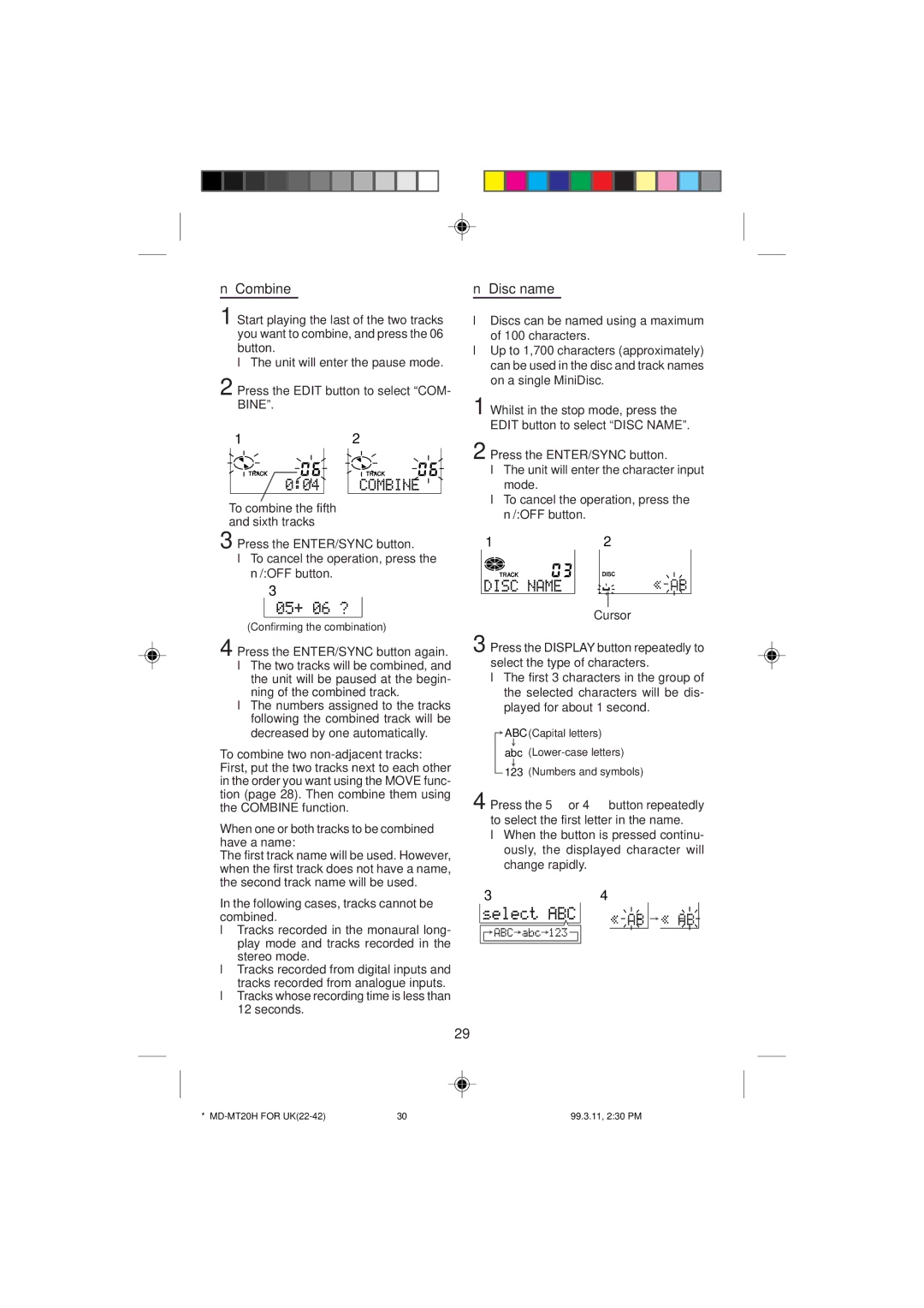 Sharp MD-MT20H operation manual Combine, Disc name, When one or both tracks to be combined have a name 