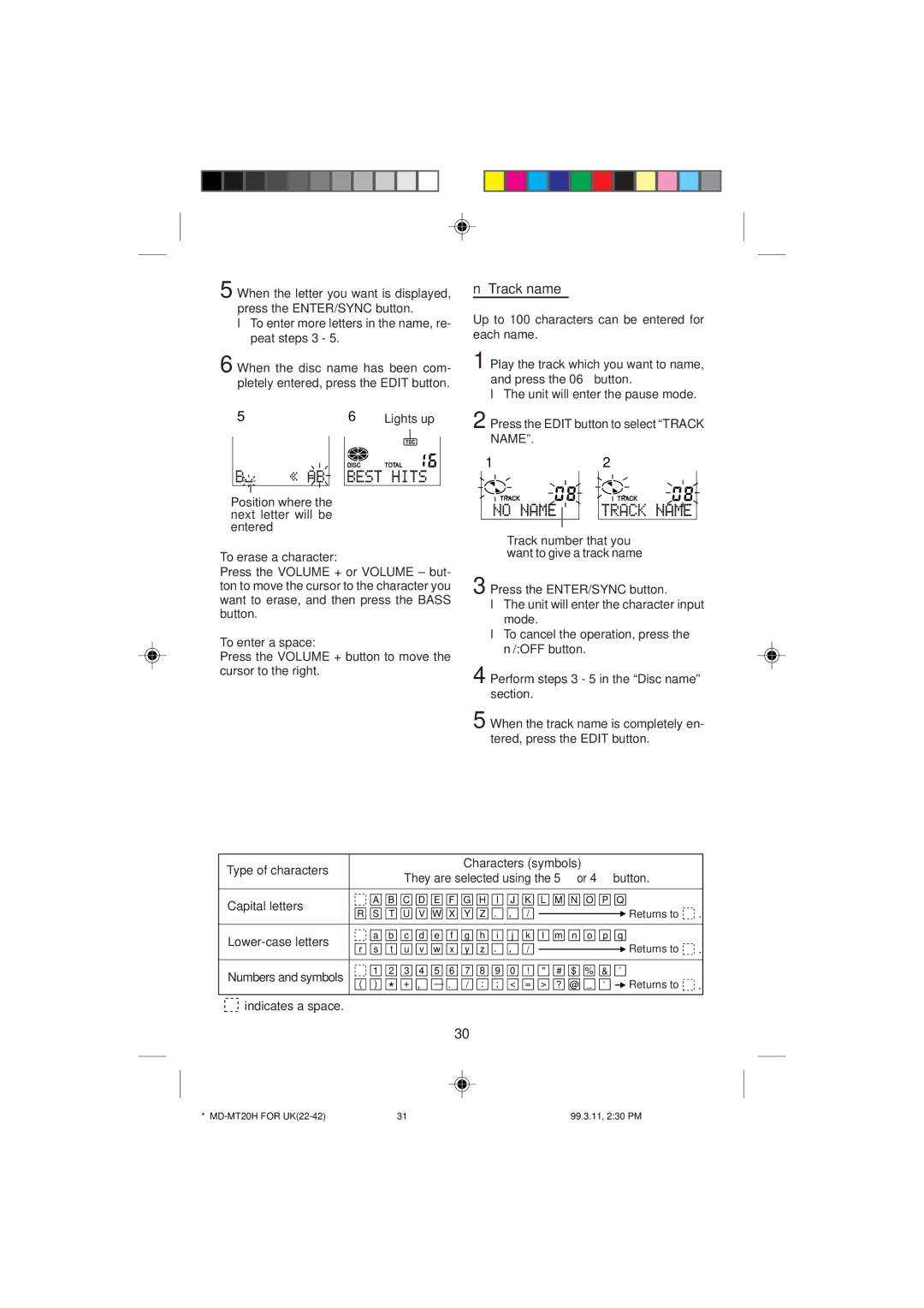 Sharp MD-MT20H Track name, Lights up, To erase a character, To enter a space, Type of characters Characters symbols 