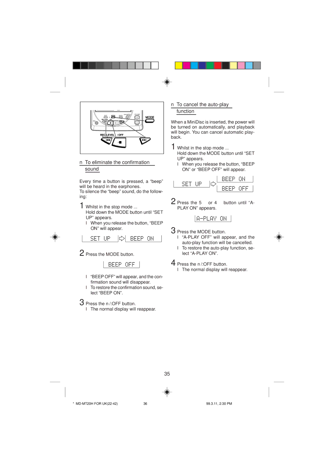 Sharp MD-MT20H To eliminate the confirmation sound, To cancel the auto-play function, Whilst in the stop mode 