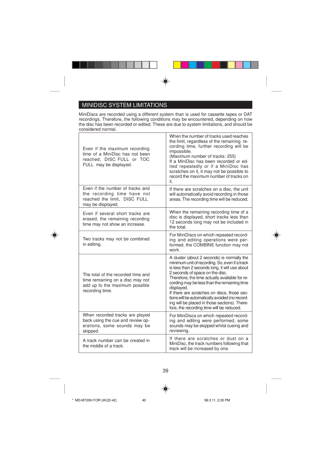 Sharp MD-MT20H operation manual Minidisc System Limitations 