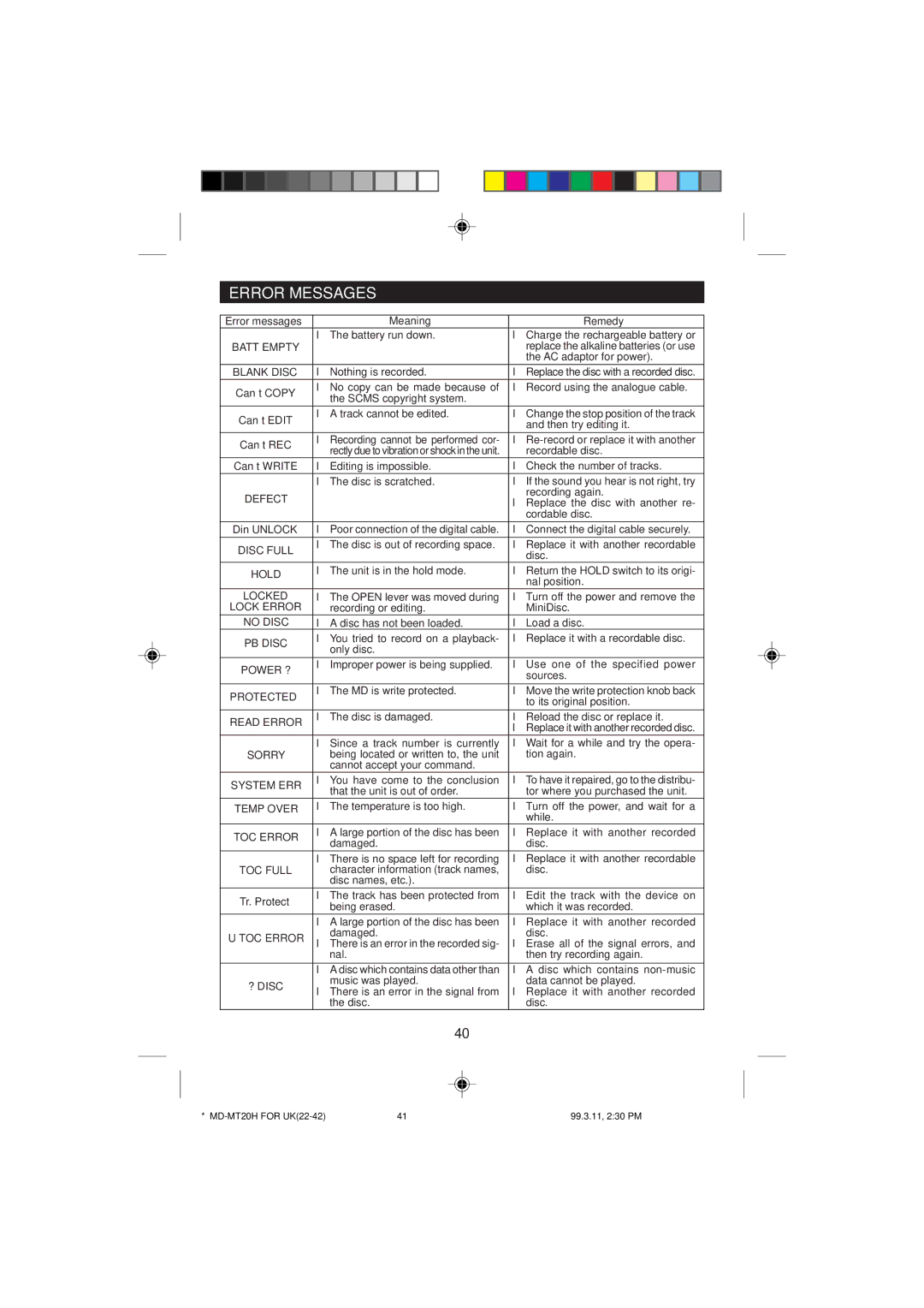 Sharp MD-MT20H operation manual Error Messages, Batt Empty 