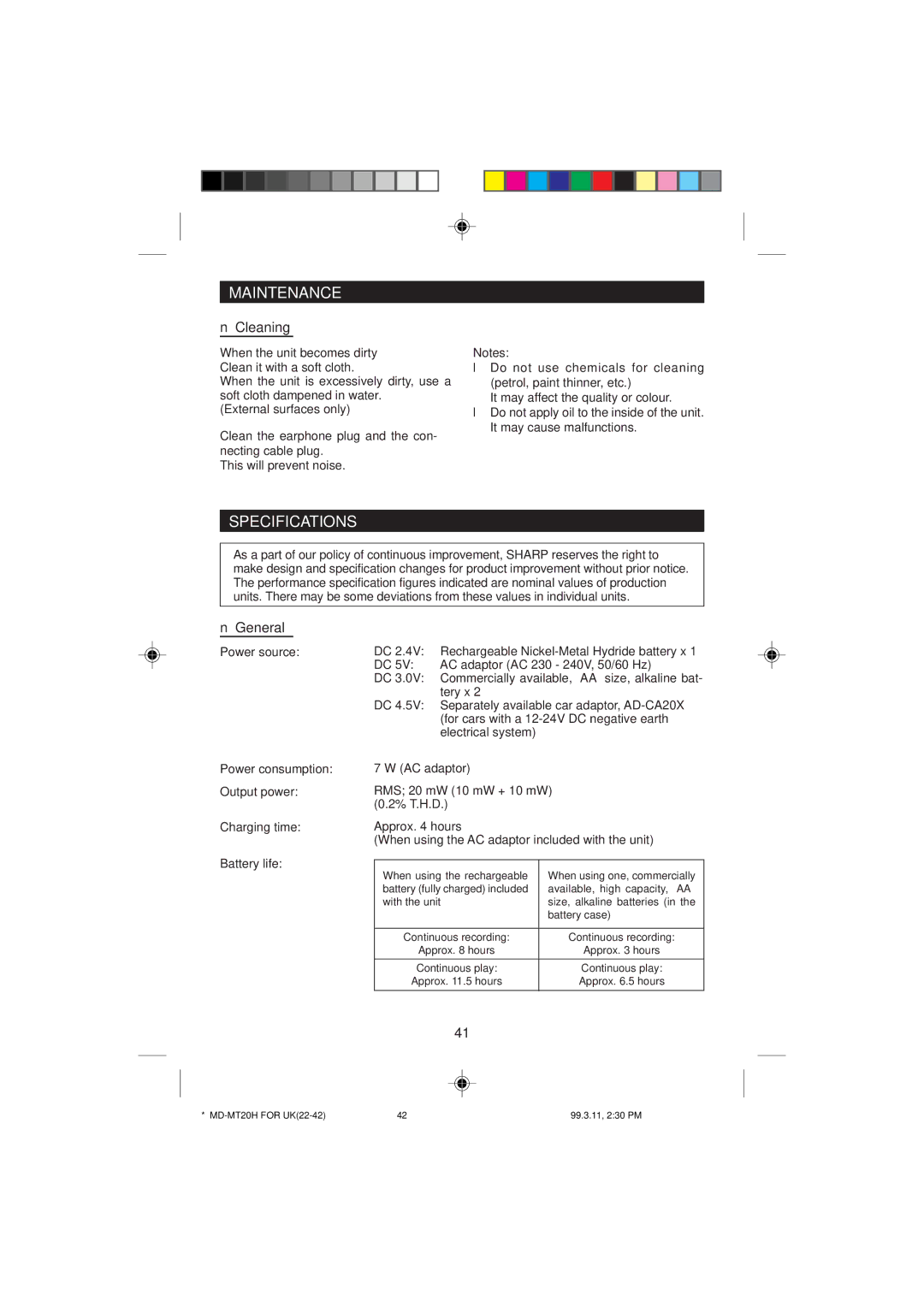 Sharp MD-MT20H operation manual Maintenance, Specifications, Cleaning, General 