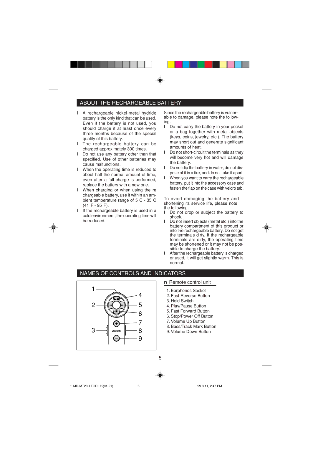 Sharp MD-MT20H operation manual About the Rechargeable Battery, Names of Controls and Indicators, Remote control unit 