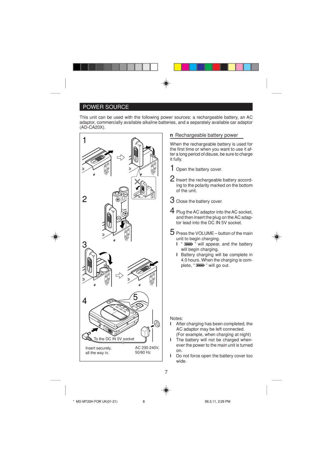 Sharp MD-MT20H operation manual Power Source, Rechargeable battery power 