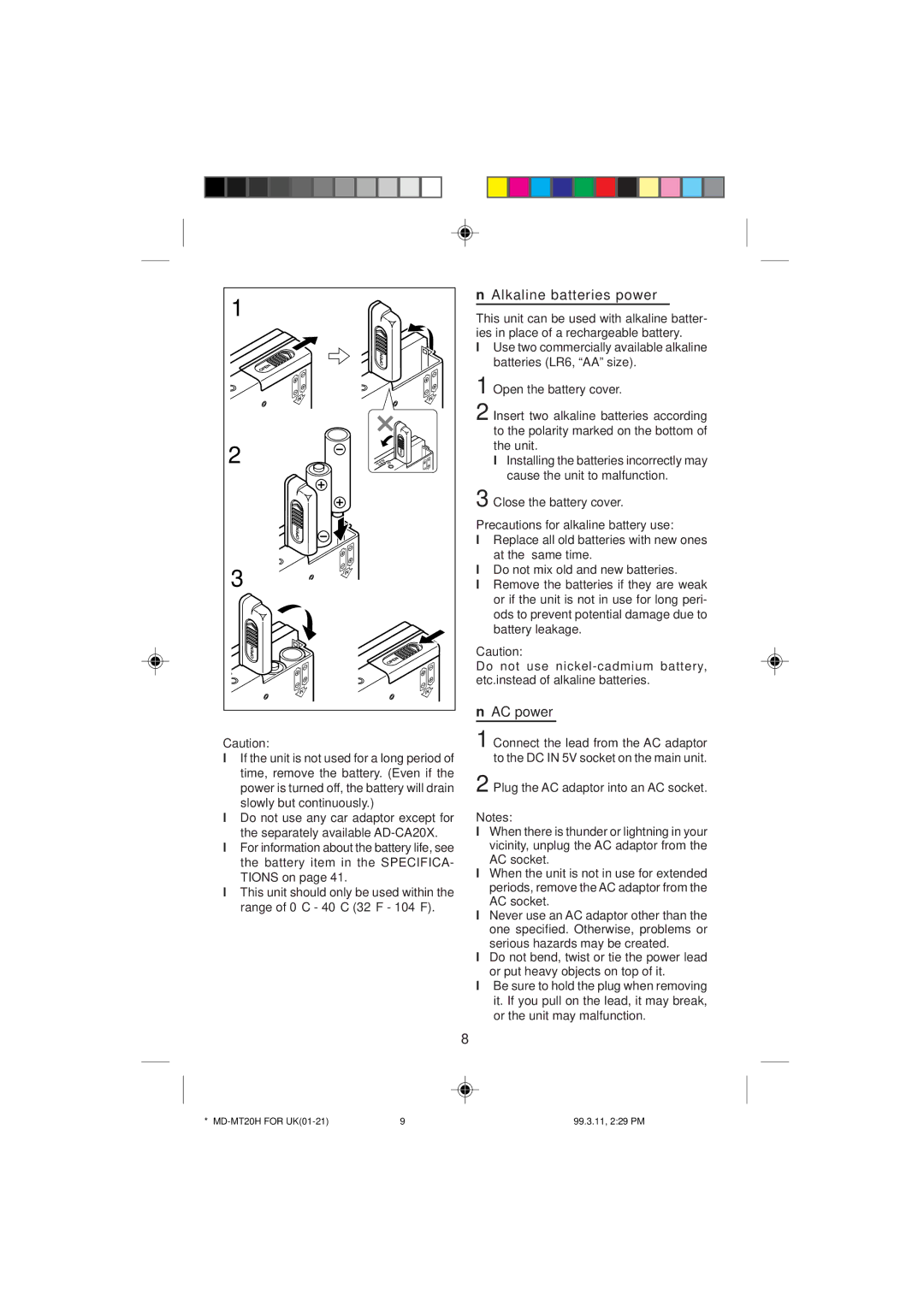 Sharp MD-MT20H operation manual Alkaline batteries power, AC power, Precautions for alkaline battery use 