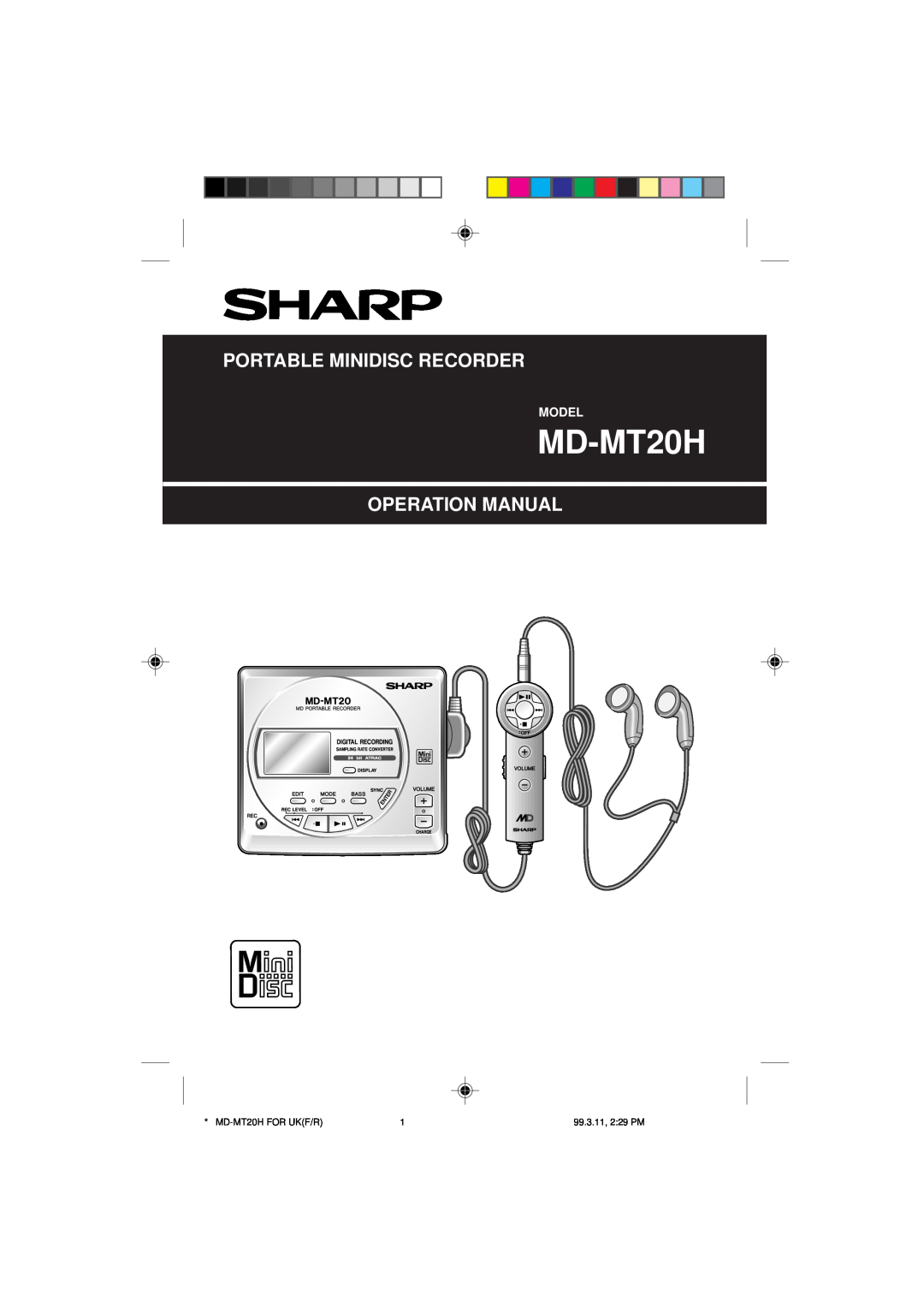 Sharp MD-MT20H operation manual Portable Minidisc Recorder, Model 