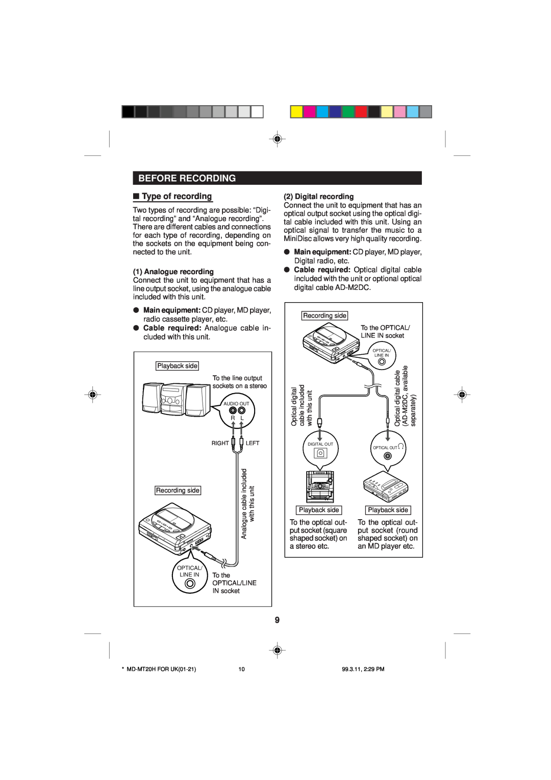 Sharp MD-MT20H operation manual Before Recording, Type of recording 