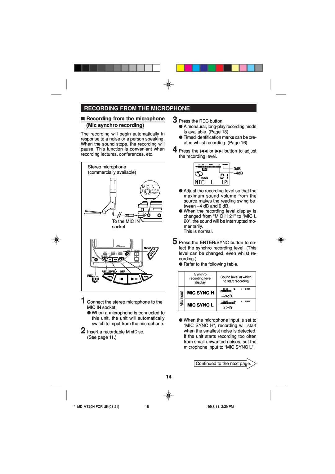 Sharp MD-MT20H operation manual Recording From The Microphone 