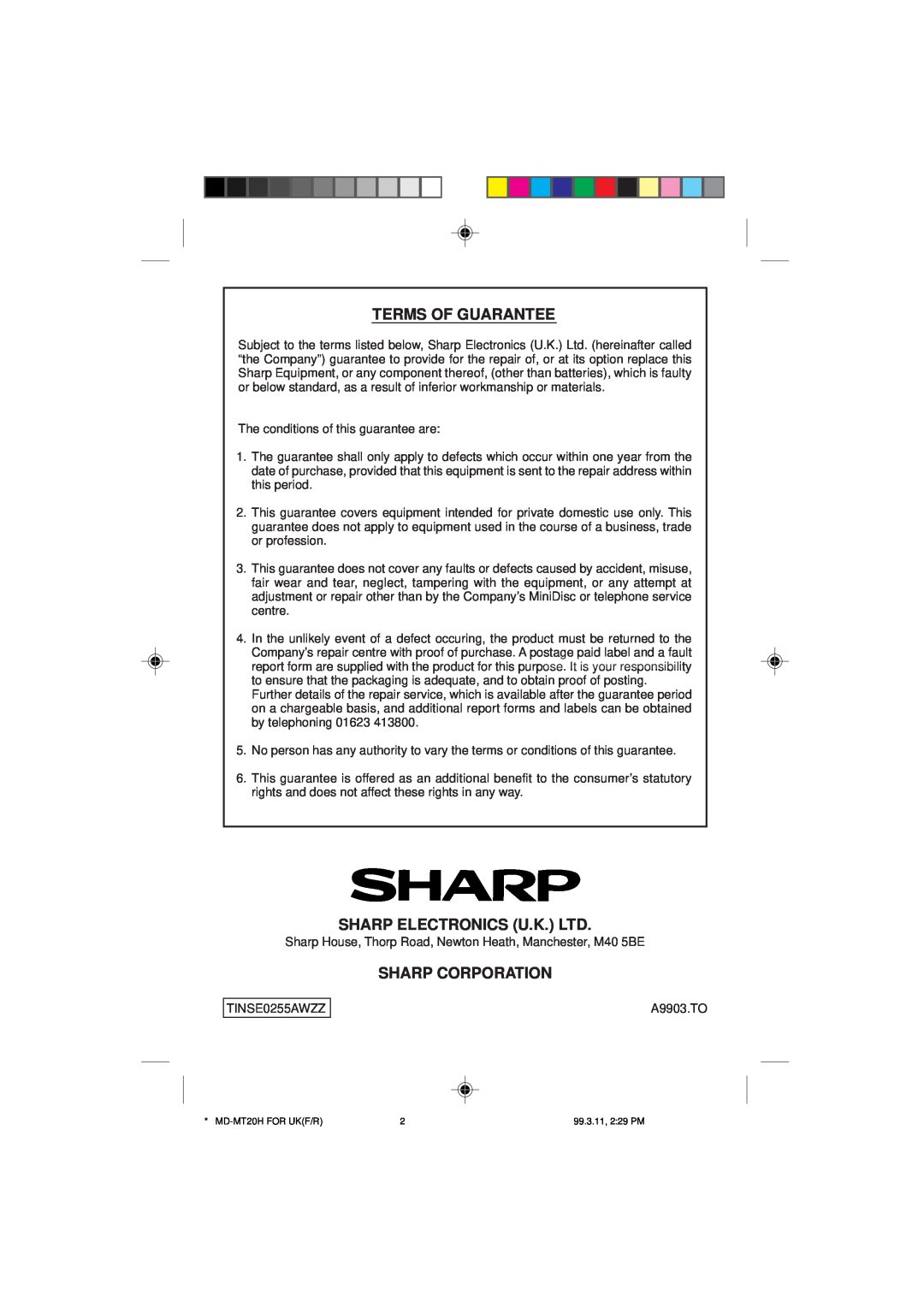 Sharp MD-MT20H operation manual Terms Of Guarantee, Sharp Corporation 