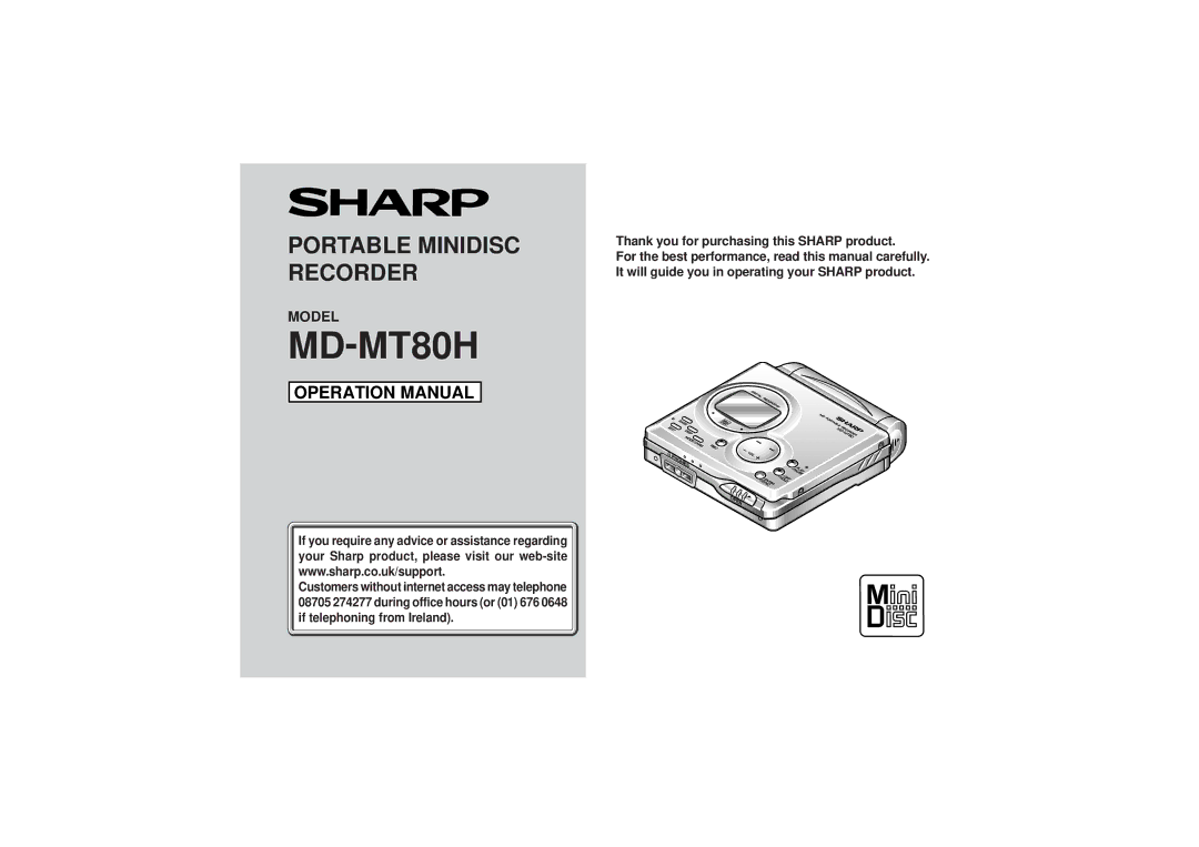 Sharp MD-MT80H operation manual Thank you for purchasing this Sharp product 