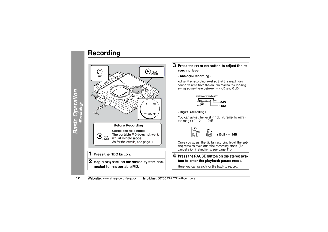 Sharp MD-MT80H operation manual Basic Operation -Recording, Analogue recording, Digital recording 