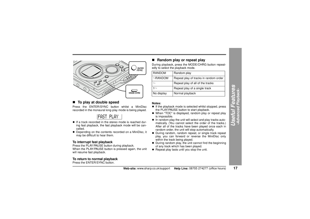 Sharp MD-MT80H operation manual „ To play at double speed, „ Random play or repeat play, To interrupt fast playback 