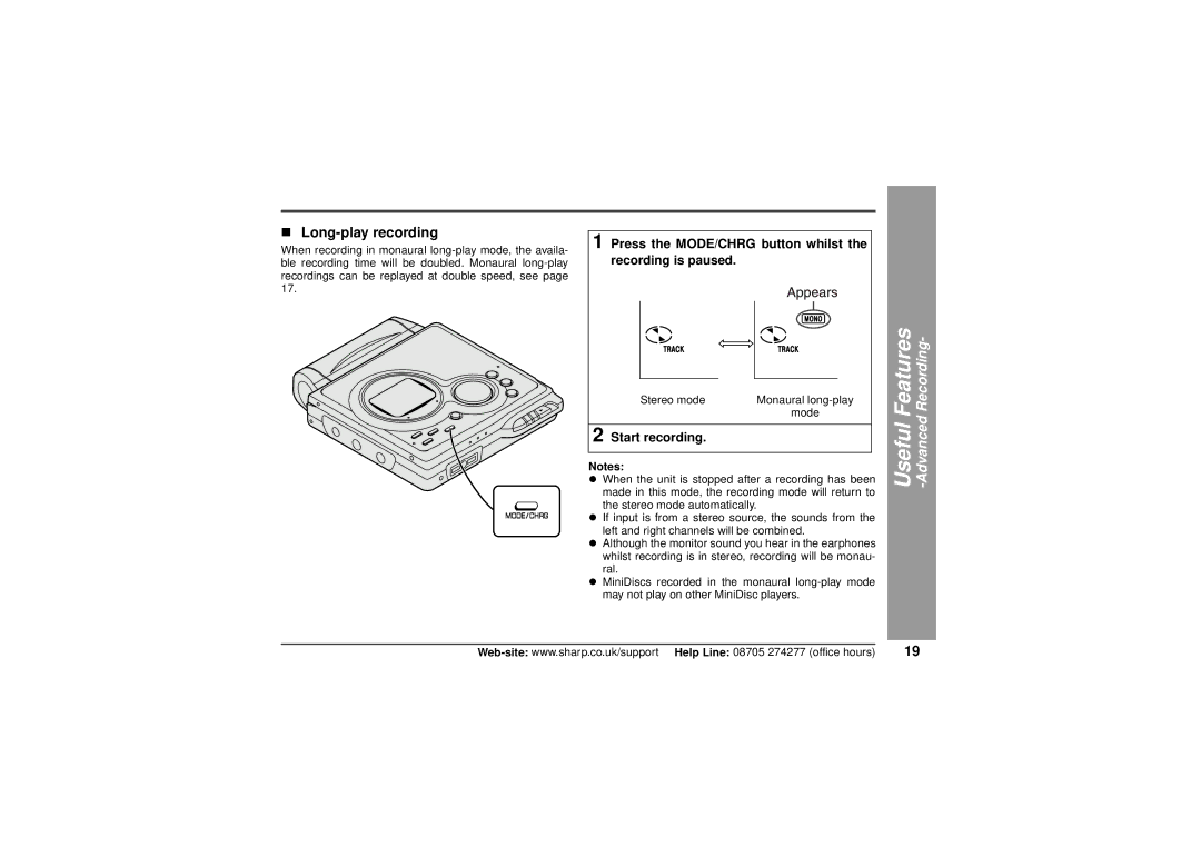 Sharp MD-MT80H „ Long-play recording, Press the MODE/CHRG button whilst the recording is paused, Start recording 