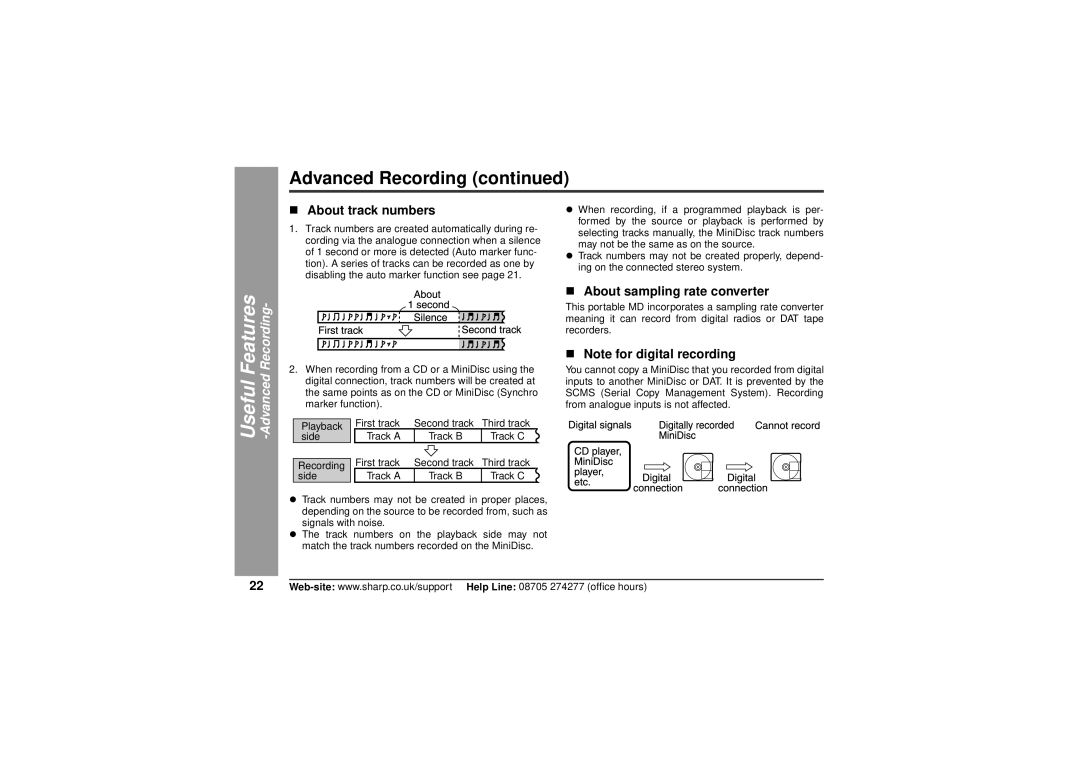 Sharp MD-MT80H „ About track numbers, „ About sampling rate converter, Useful -Advanced, „ Note for digital recording 