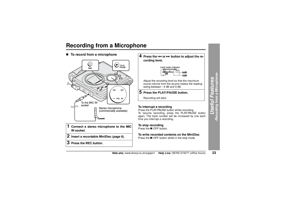 Sharp MD-MT80H „ To record from a microphone, Useful Features -Recording from a Microphone, To interrupt a recording 