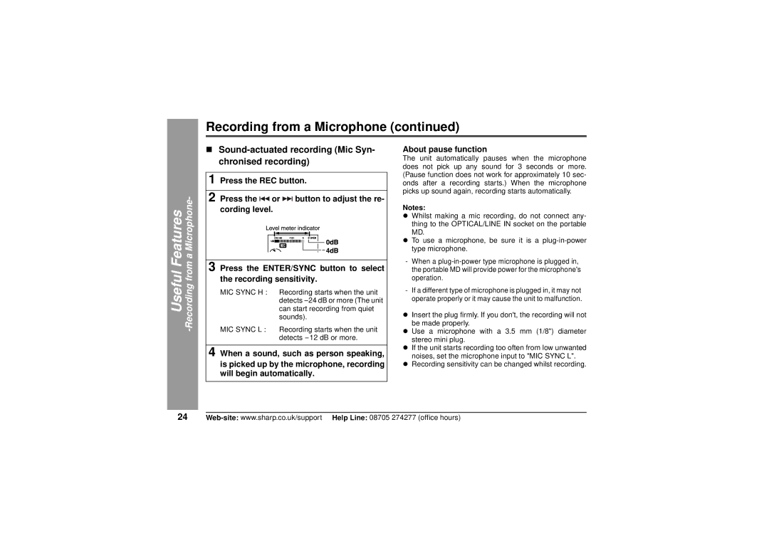 Sharp MD-MT80H operation manual Recording from a Microphone, „ Sound-actuated recording Mic Syn- chronised recording 