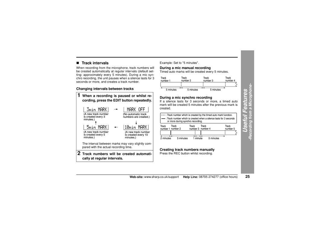 Sharp MD-MT80H operation manual „ Track intervals, During a mic manual recording, During a mic synchro recording 